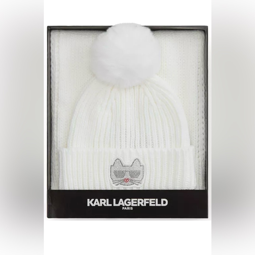 Karl Lagerfeld Disco Kitty Knit Pompom White Beanie & Scarf Boxed Gift Set NWT